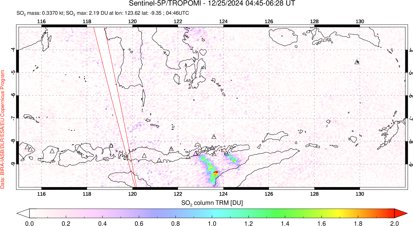 A sulfur dioxide image over Lesser Sunda Islands, Indonesia on Dec 25, 2024.