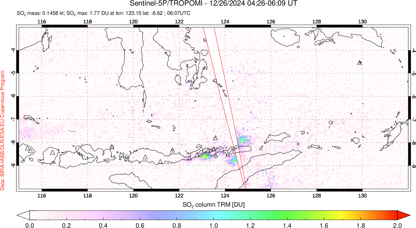 A sulfur dioxide image over Lesser Sunda Islands, Indonesia on Dec 26, 2024.