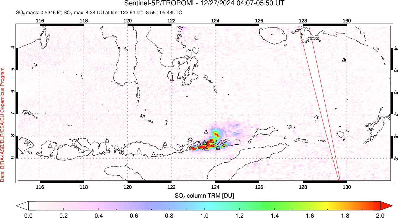 A sulfur dioxide image over Lesser Sunda Islands, Indonesia on Dec 27, 2024.