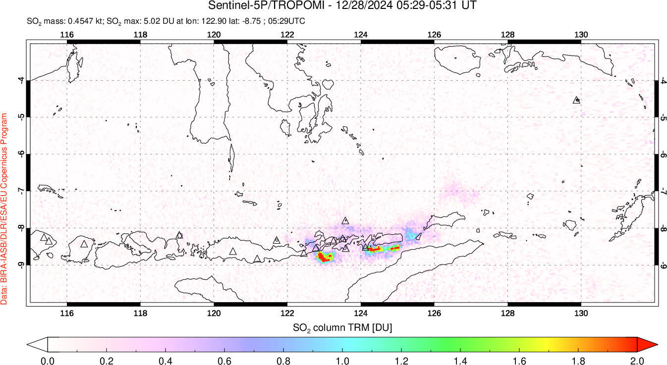 A sulfur dioxide image over Lesser Sunda Islands, Indonesia on Dec 28, 2024.