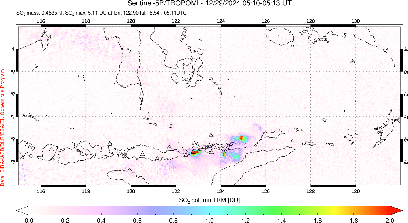 A sulfur dioxide image over Lesser Sunda Islands, Indonesia on Dec 29, 2024.