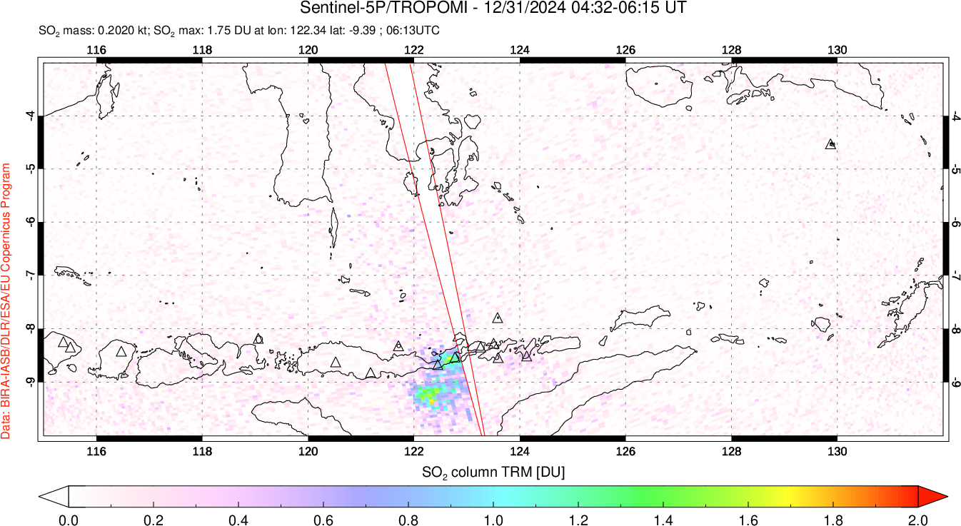 A sulfur dioxide image over Lesser Sunda Islands, Indonesia on Dec 31, 2024.