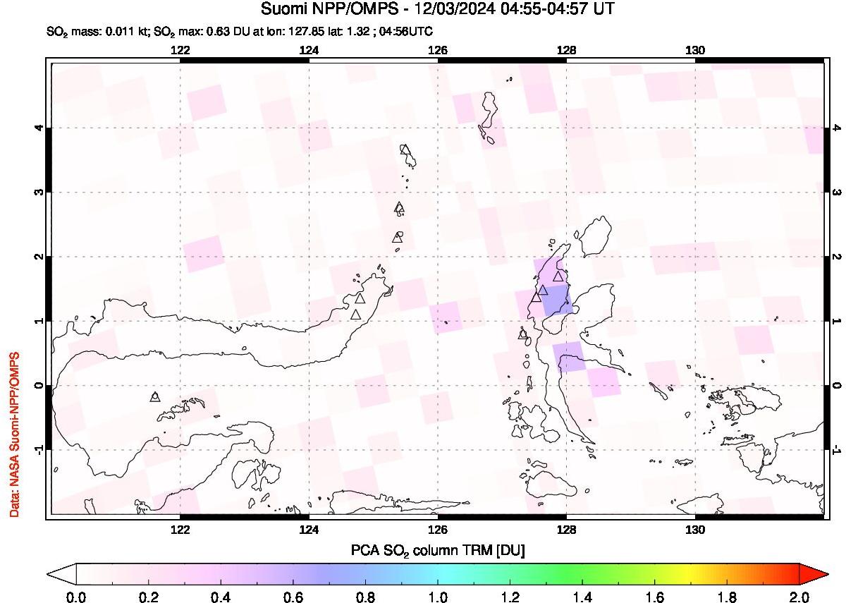 A sulfur dioxide image over Northern Sulawesi & Halmahera, Indonesia on Dec 03, 2024.