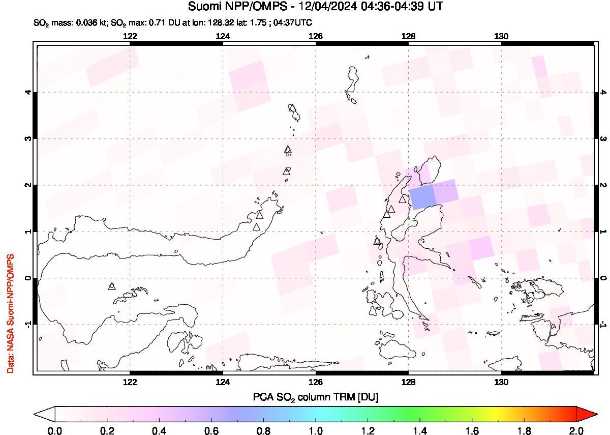 A sulfur dioxide image over Northern Sulawesi & Halmahera, Indonesia on Dec 04, 2024.