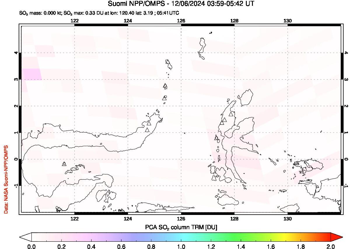 A sulfur dioxide image over Northern Sulawesi & Halmahera, Indonesia on Dec 06, 2024.