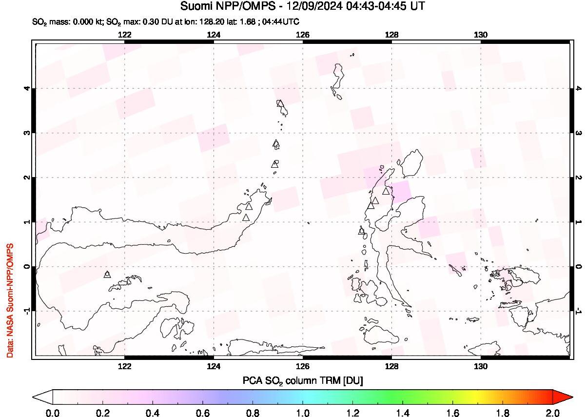 A sulfur dioxide image over Northern Sulawesi & Halmahera, Indonesia on Dec 09, 2024.