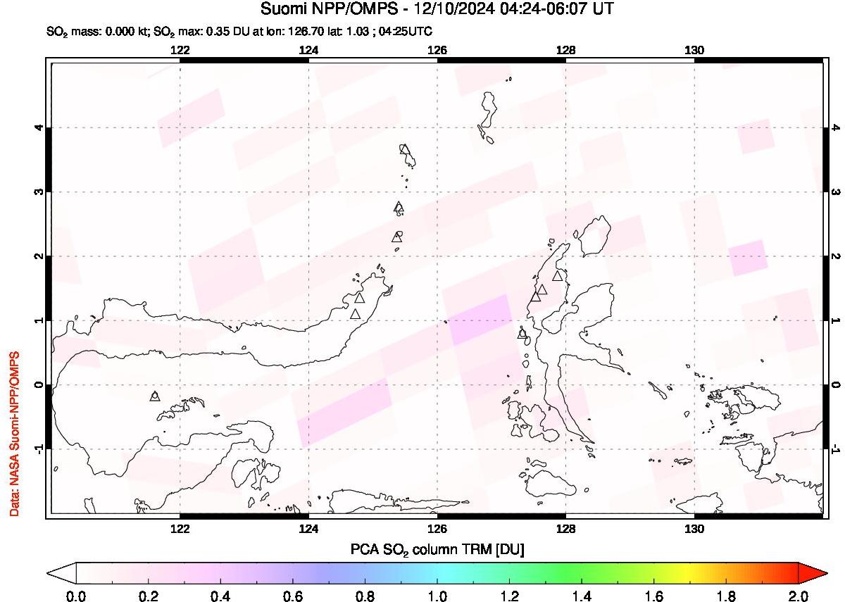 A sulfur dioxide image over Northern Sulawesi & Halmahera, Indonesia on Dec 10, 2024.