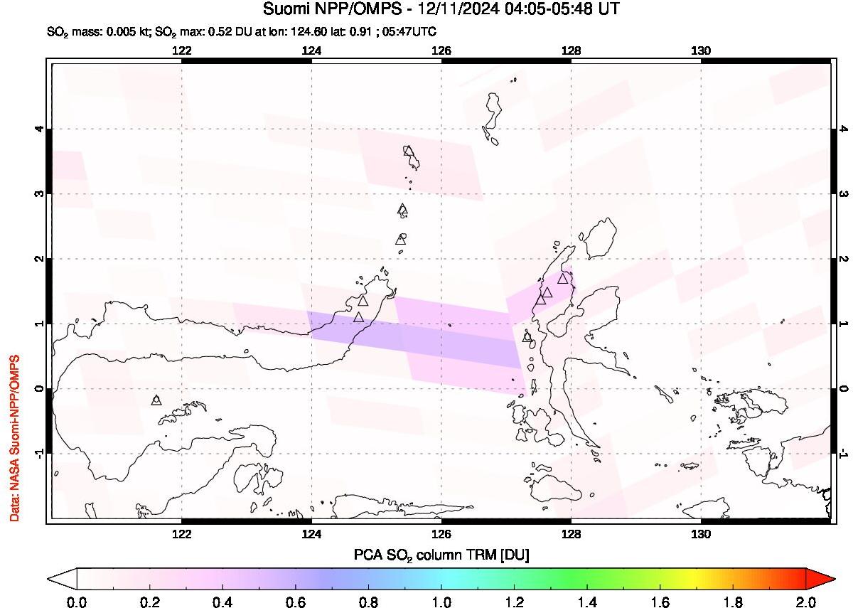 A sulfur dioxide image over Northern Sulawesi & Halmahera, Indonesia on Dec 11, 2024.