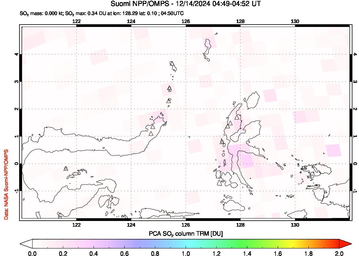 A sulfur dioxide image over Northern Sulawesi & Halmahera, Indonesia on Dec 14, 2024.