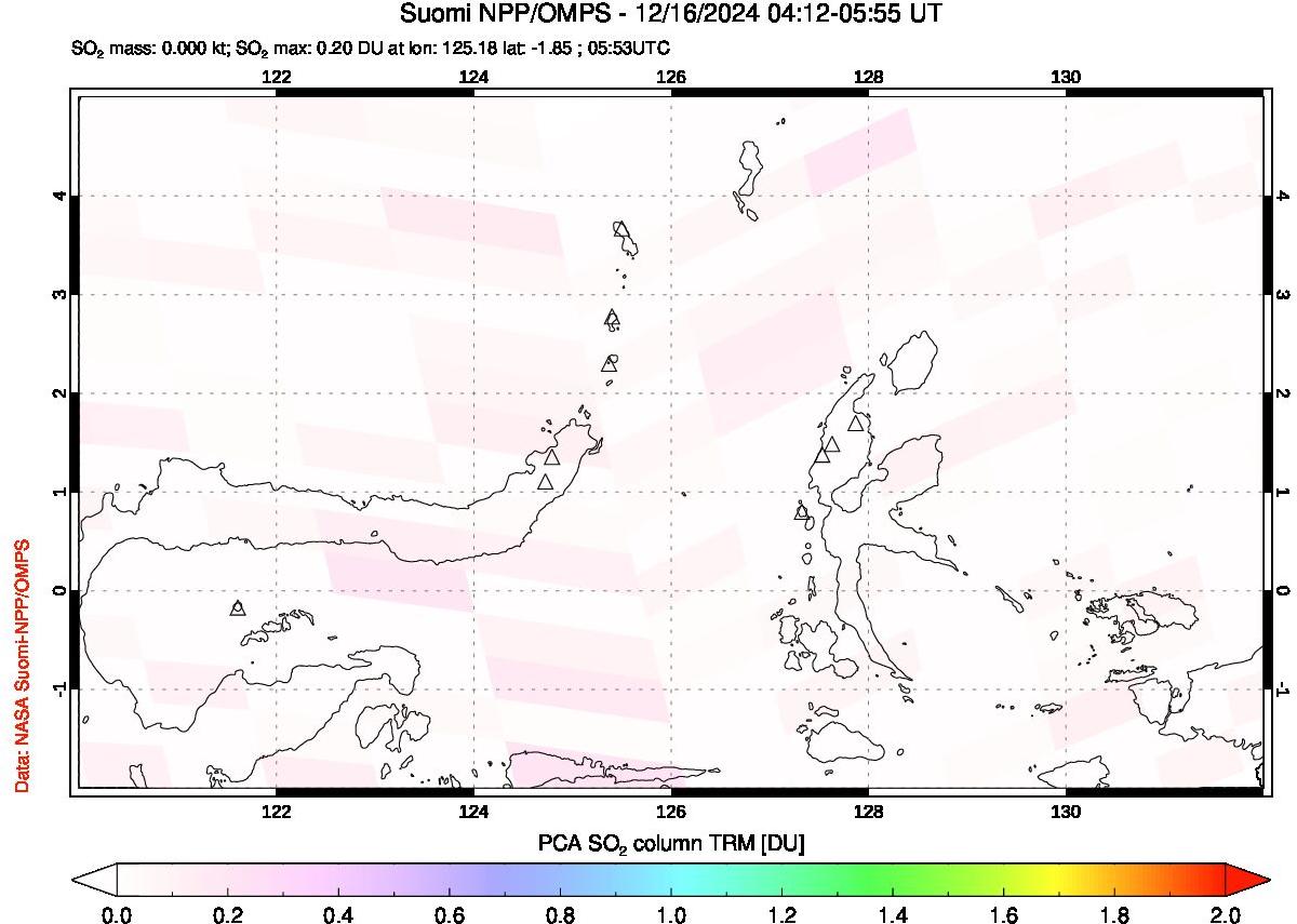 A sulfur dioxide image over Northern Sulawesi & Halmahera, Indonesia on Dec 16, 2024.