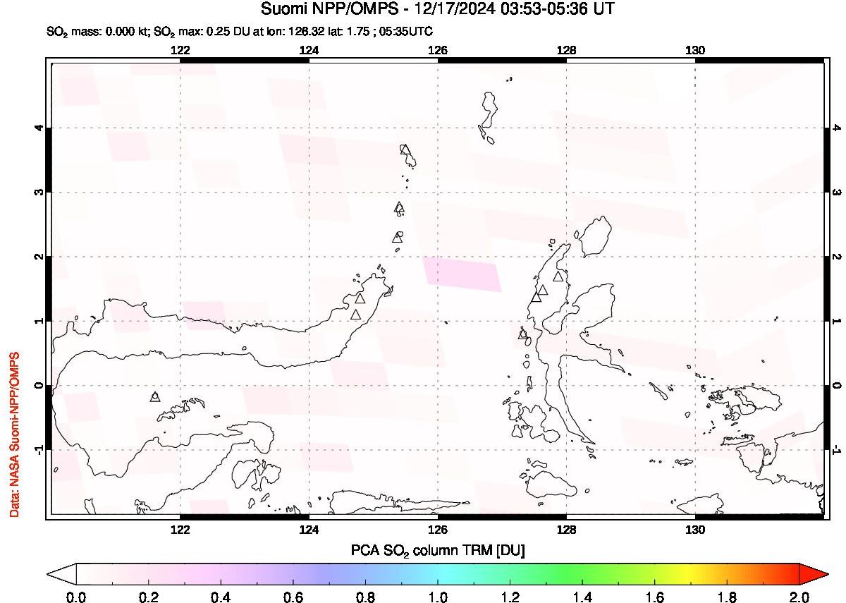 A sulfur dioxide image over Northern Sulawesi & Halmahera, Indonesia on Dec 17, 2024.