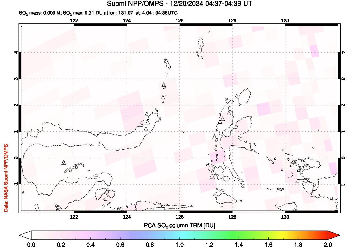 A sulfur dioxide image over Northern Sulawesi & Halmahera, Indonesia on Dec 20, 2024.