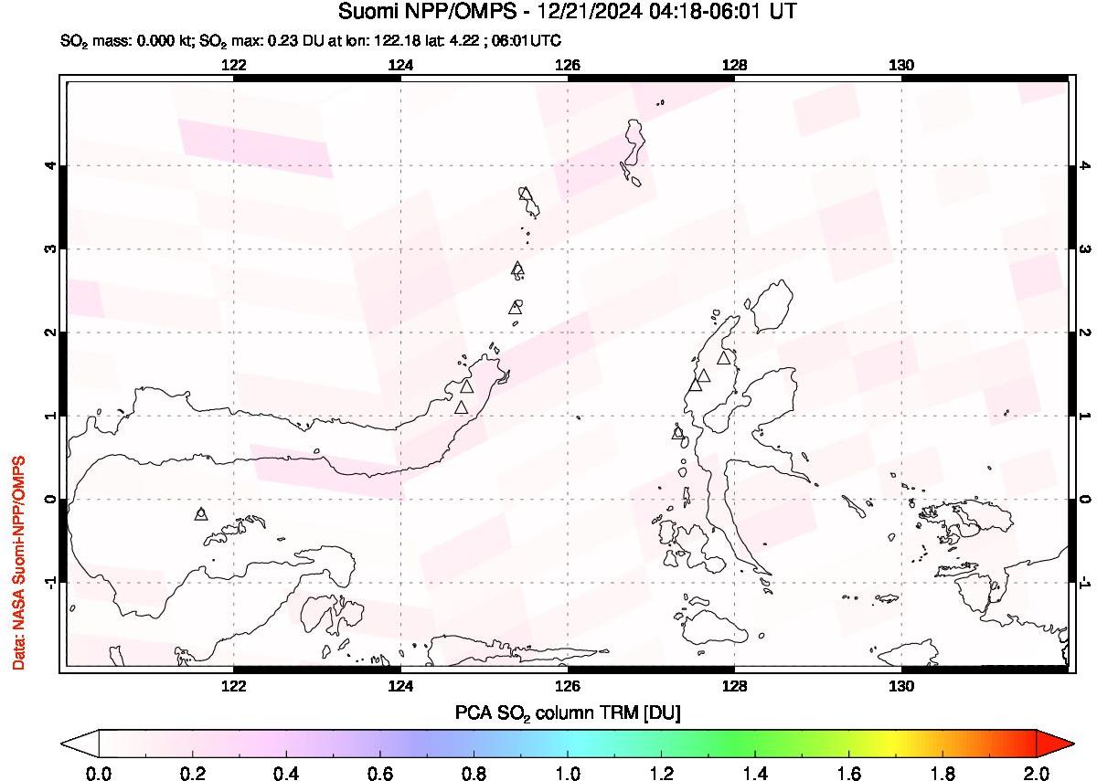 A sulfur dioxide image over Northern Sulawesi & Halmahera, Indonesia on Dec 21, 2024.