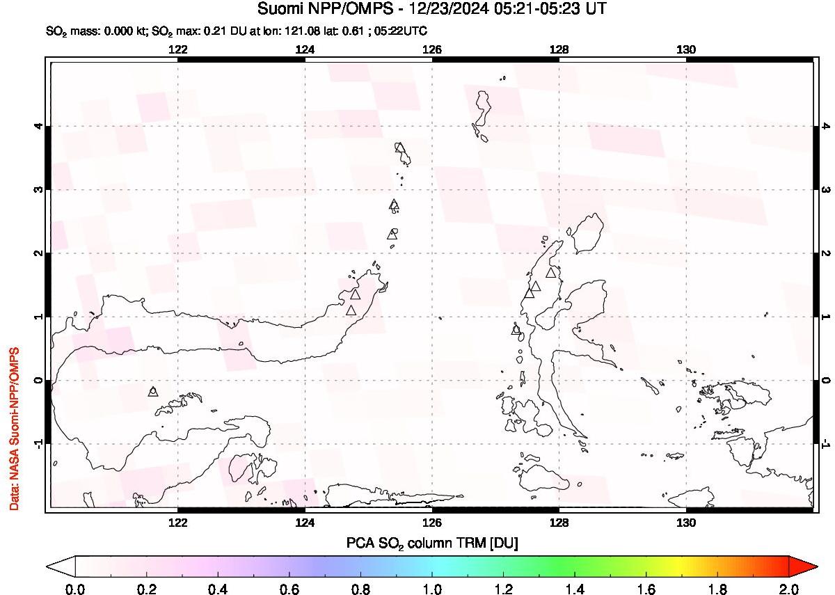 A sulfur dioxide image over Northern Sulawesi & Halmahera, Indonesia on Dec 23, 2024.