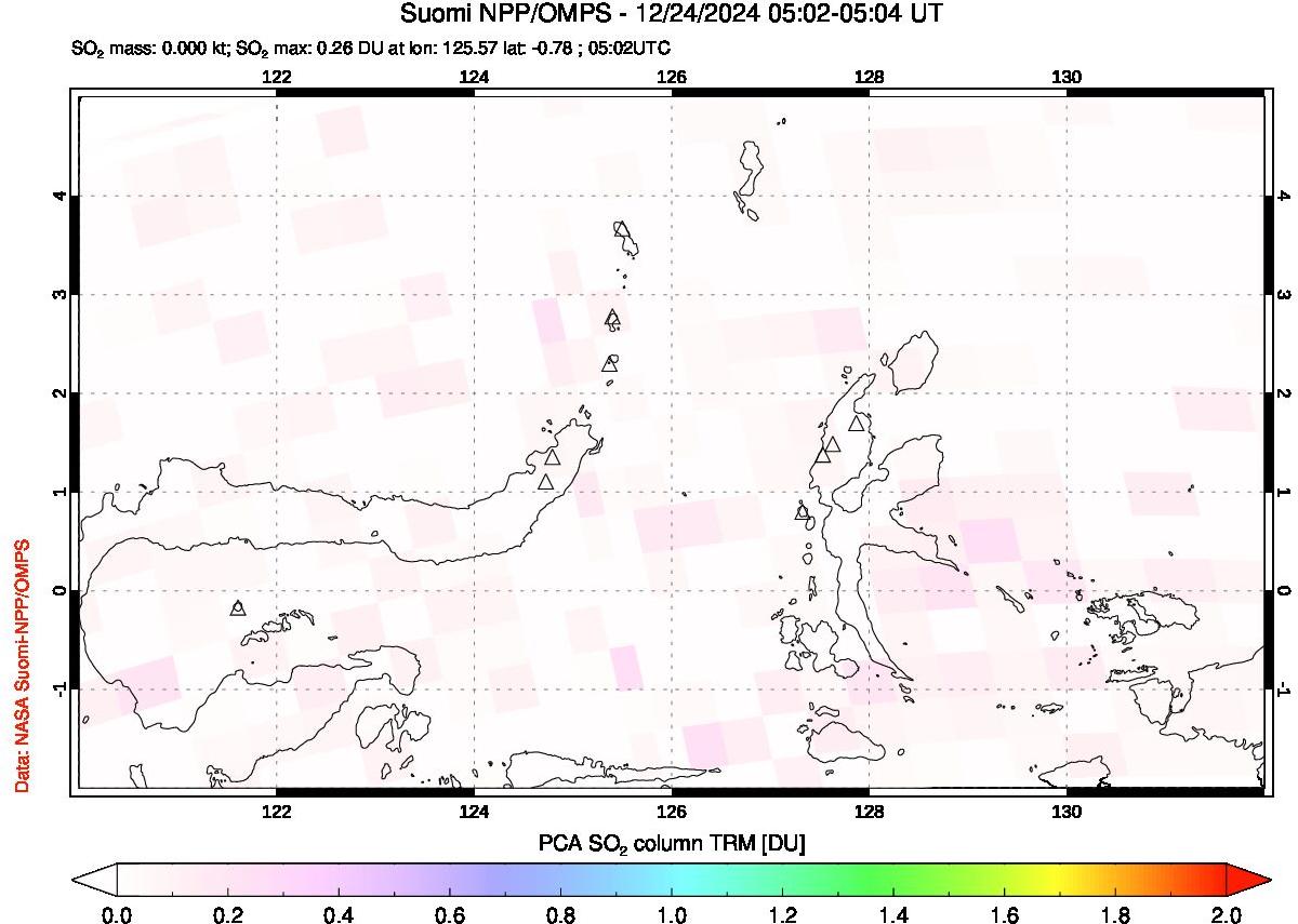 A sulfur dioxide image over Northern Sulawesi & Halmahera, Indonesia on Dec 24, 2024.