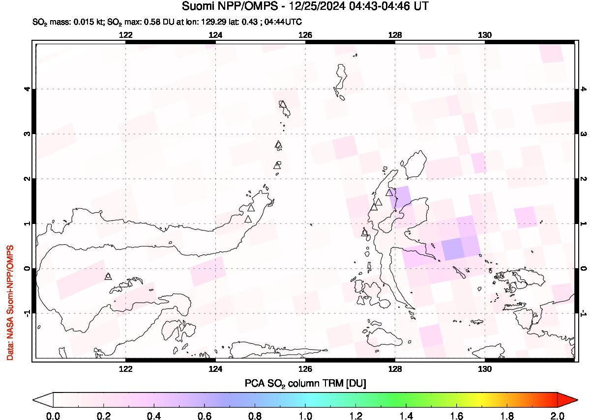 A sulfur dioxide image over Northern Sulawesi & Halmahera, Indonesia on Dec 25, 2024.