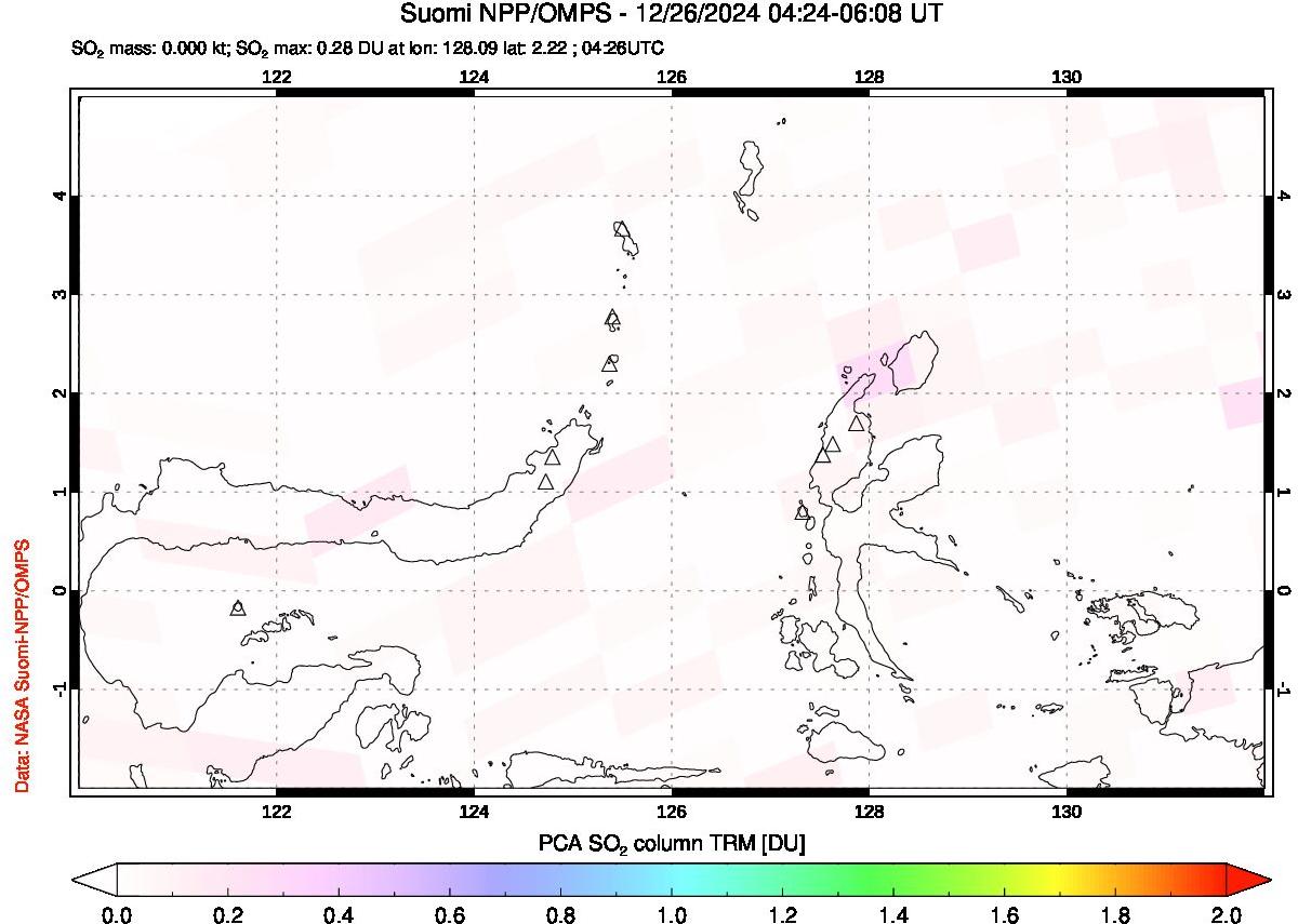 A sulfur dioxide image over Northern Sulawesi & Halmahera, Indonesia on Dec 26, 2024.