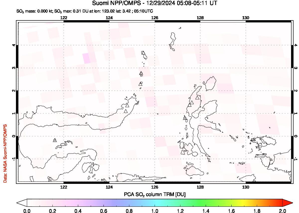 A sulfur dioxide image over Northern Sulawesi & Halmahera, Indonesia on Dec 29, 2024.