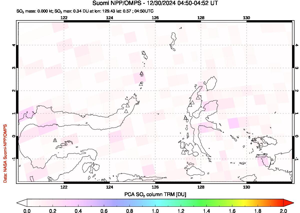 A sulfur dioxide image over Northern Sulawesi & Halmahera, Indonesia on Dec 30, 2024.