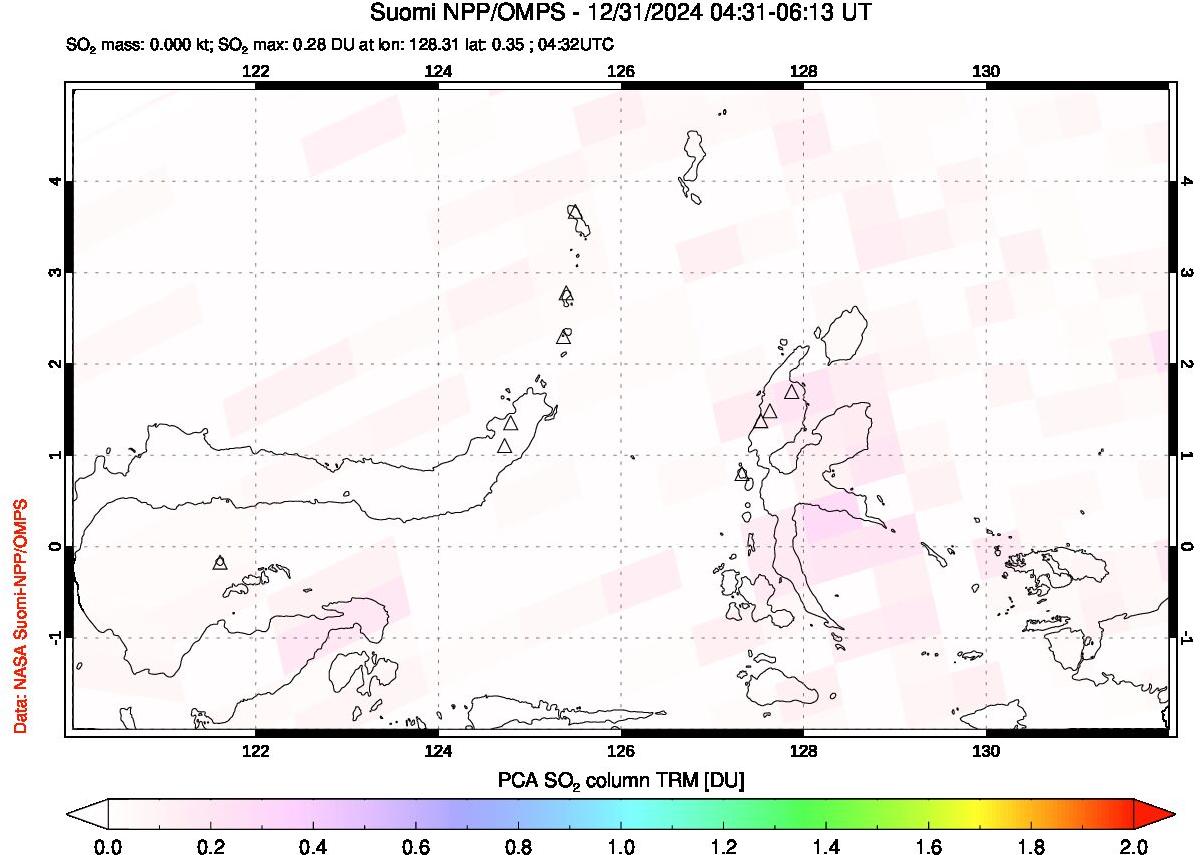 A sulfur dioxide image over Northern Sulawesi & Halmahera, Indonesia on Dec 31, 2024.