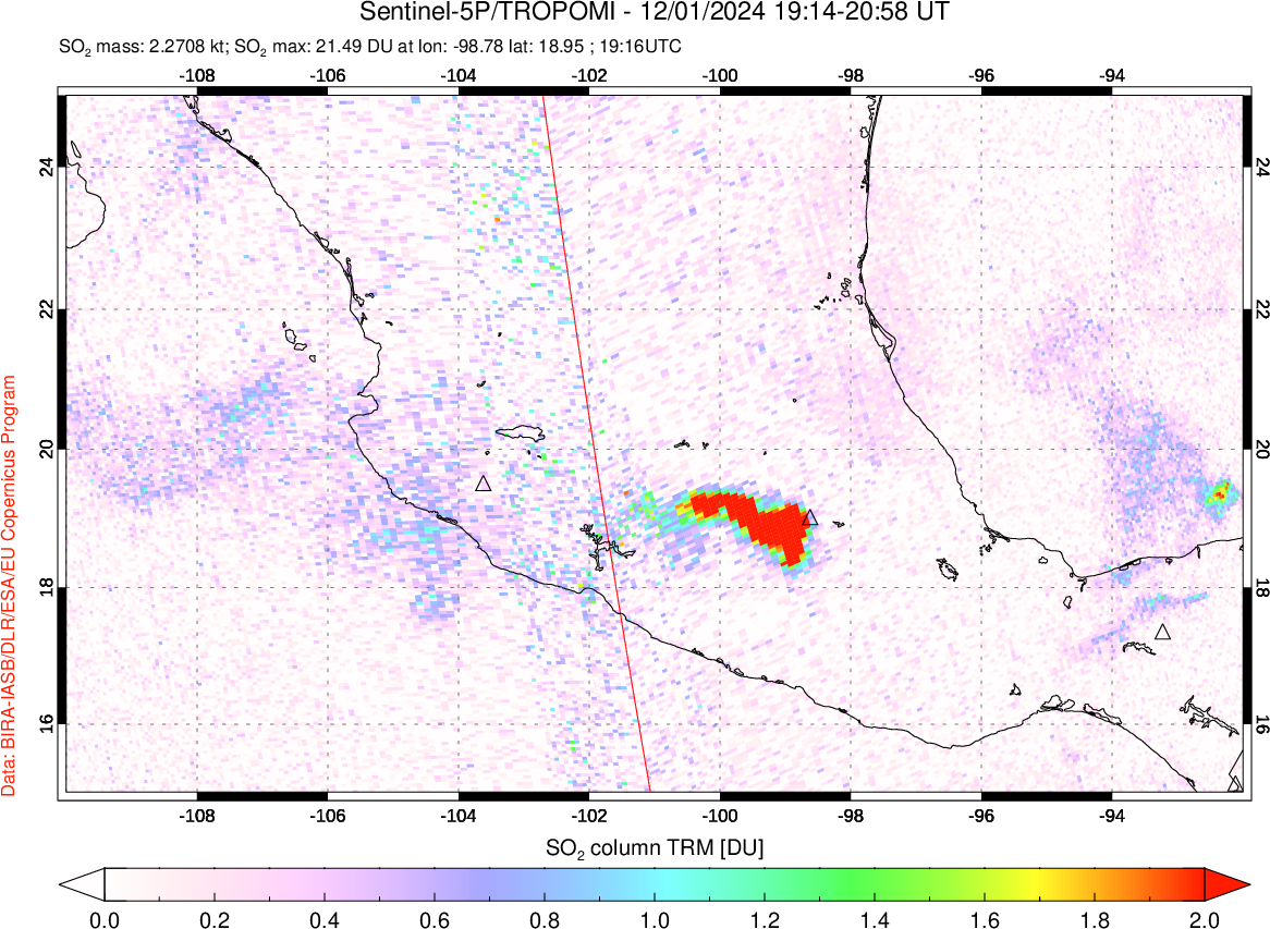 A sulfur dioxide image over Mexico on Dec 01, 2024.