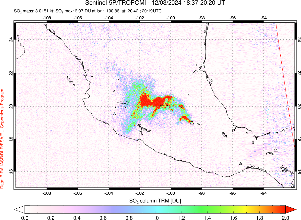 A sulfur dioxide image over Mexico on Dec 03, 2024.