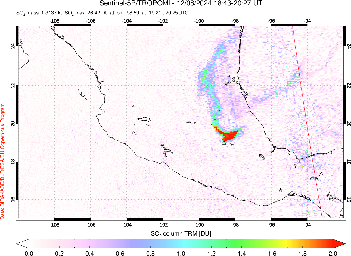 A sulfur dioxide image over Mexico on Dec 08, 2024.