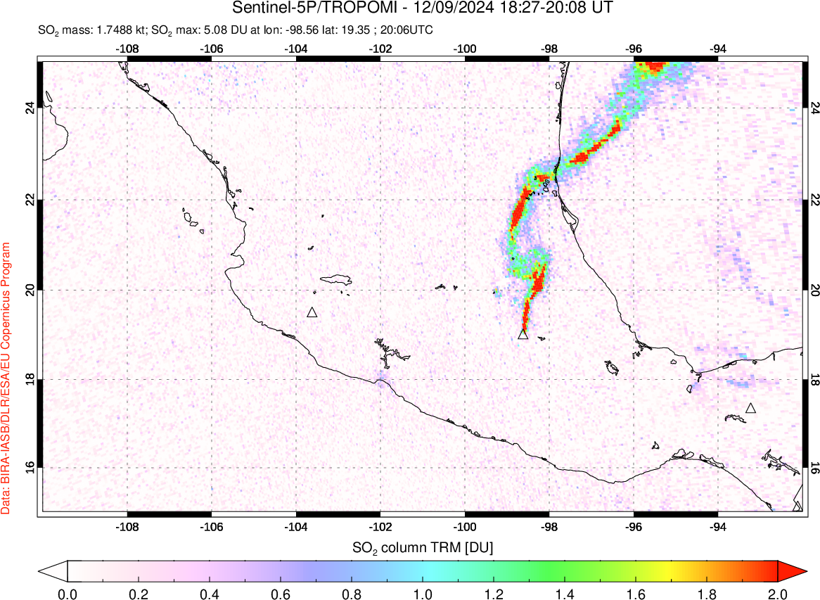 A sulfur dioxide image over Mexico on Dec 09, 2024.