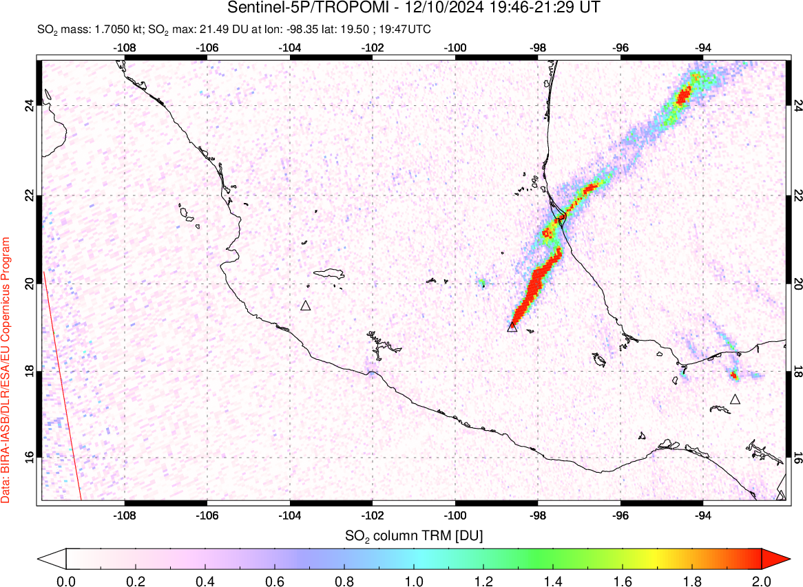 A sulfur dioxide image over Mexico on Dec 10, 2024.