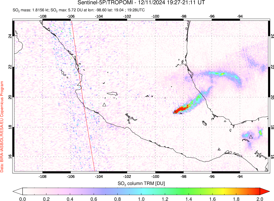 A sulfur dioxide image over Mexico on Dec 11, 2024.