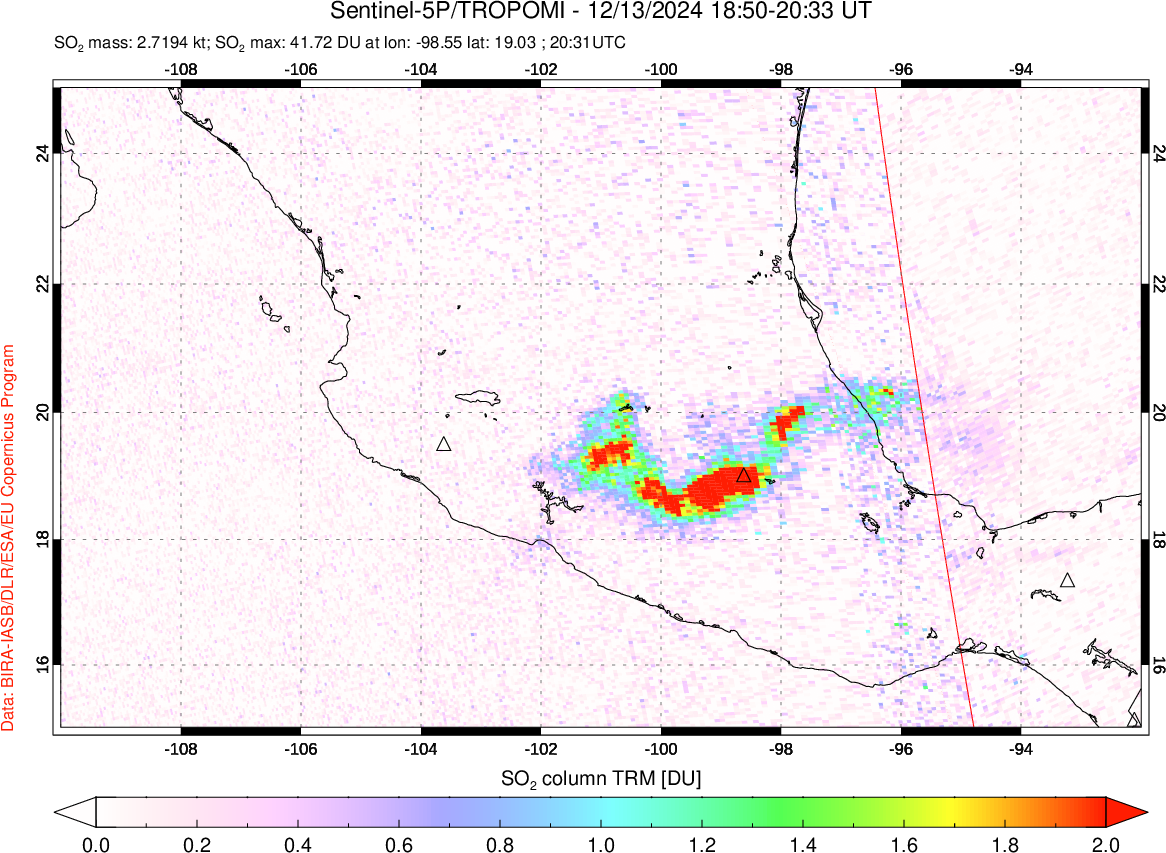 A sulfur dioxide image over Mexico on Dec 13, 2024.