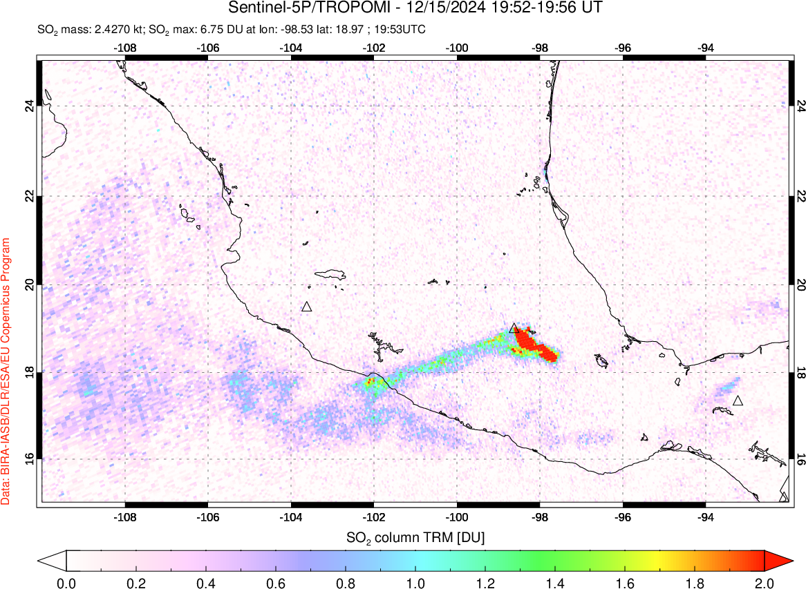 A sulfur dioxide image over Mexico on Dec 15, 2024.