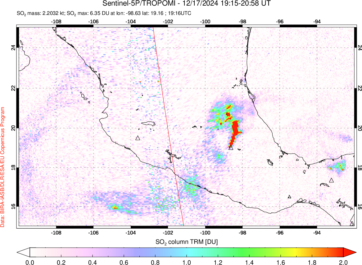 A sulfur dioxide image over Mexico on Dec 17, 2024.