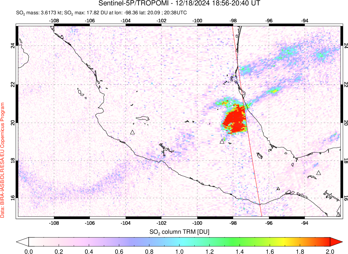 A sulfur dioxide image over Mexico on Dec 18, 2024.