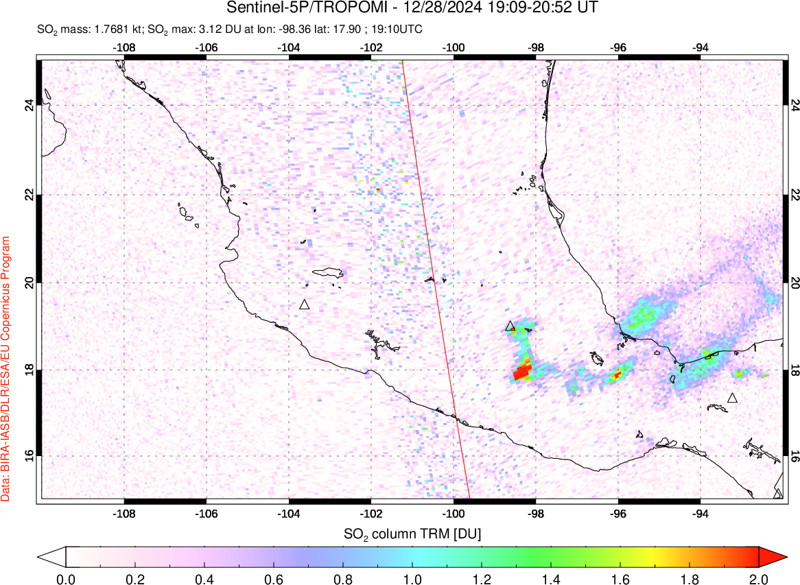 A sulfur dioxide image over Mexico on Dec 28, 2024.