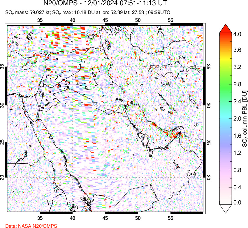 A sulfur dioxide image over Middle East on Dec 01, 2024.