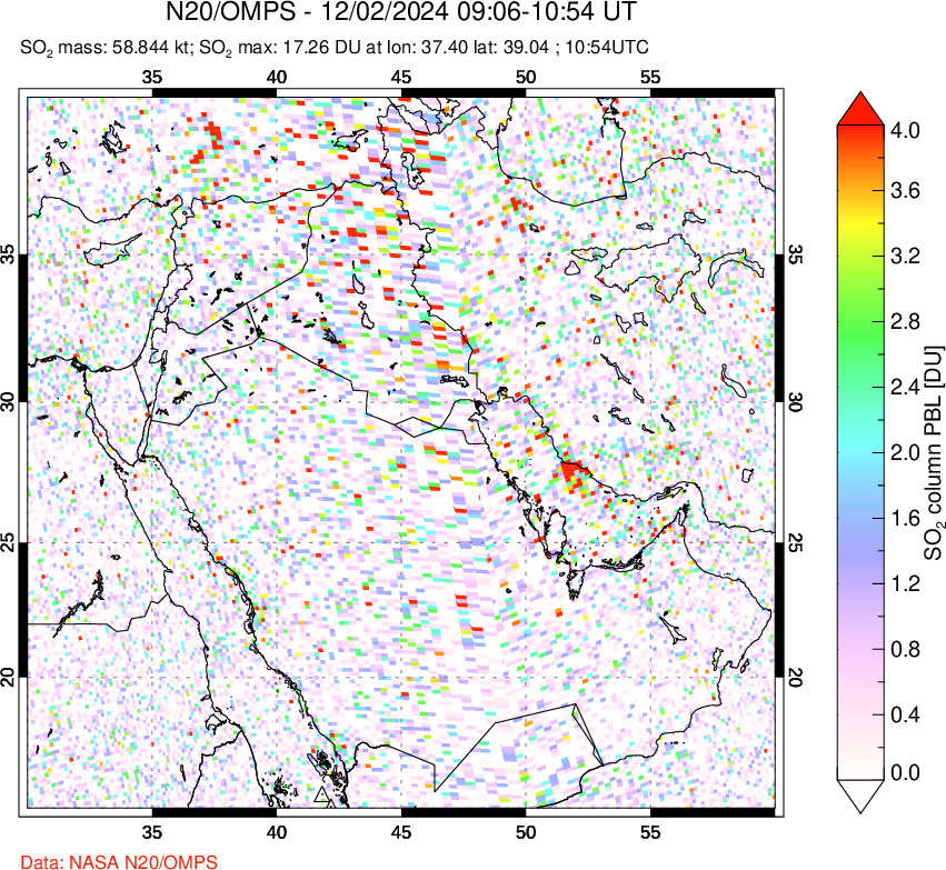 A sulfur dioxide image over Middle East on Dec 02, 2024.