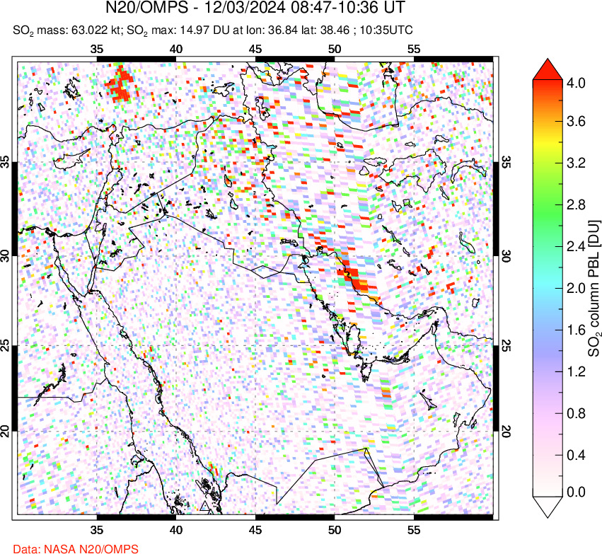 A sulfur dioxide image over Middle East on Dec 03, 2024.