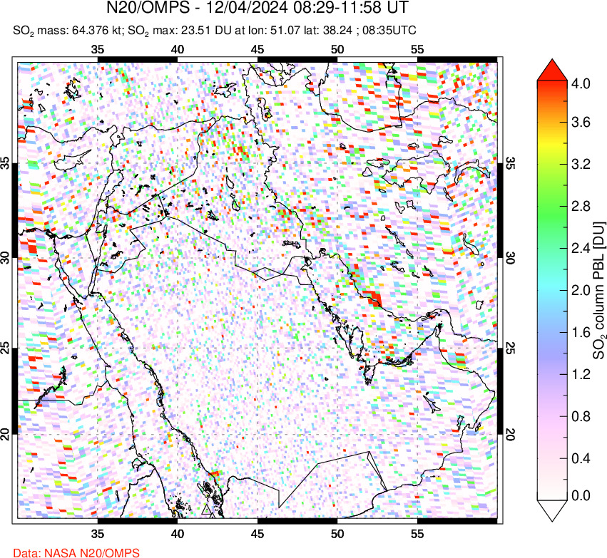 A sulfur dioxide image over Middle East on Dec 04, 2024.