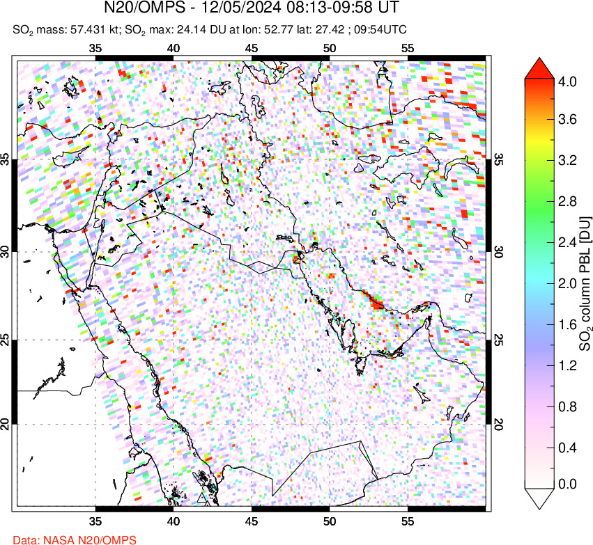 A sulfur dioxide image over Middle East on Dec 05, 2024.