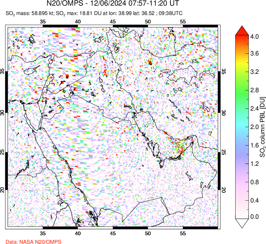 A sulfur dioxide image over Middle East on Dec 06, 2024.