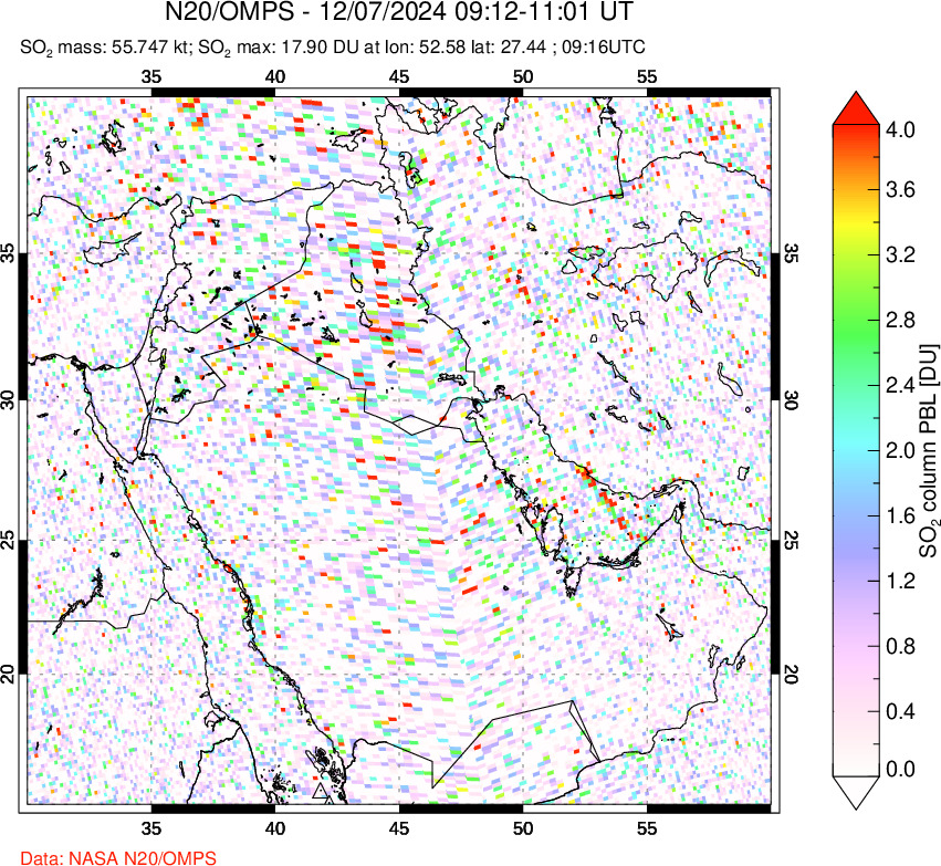 A sulfur dioxide image over Middle East on Dec 07, 2024.