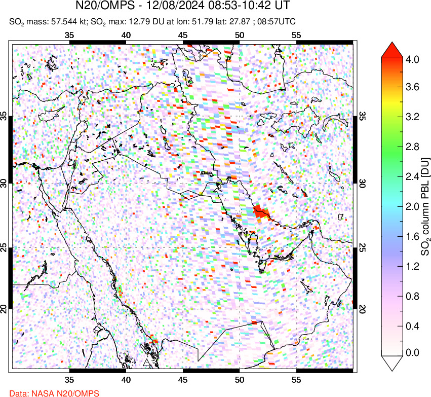 A sulfur dioxide image over Middle East on Dec 08, 2024.