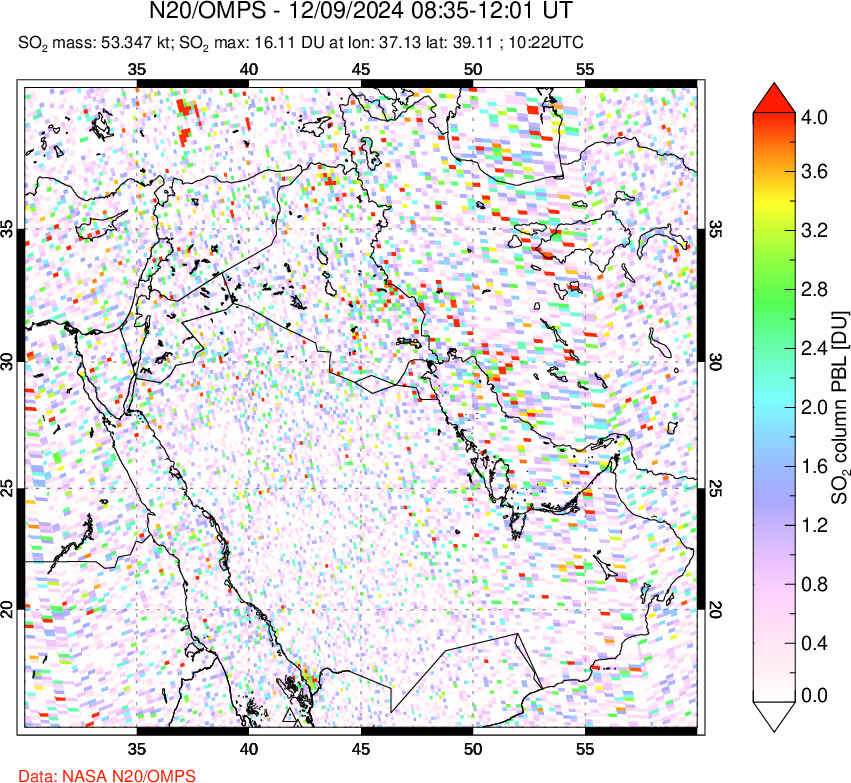 A sulfur dioxide image over Middle East on Dec 09, 2024.