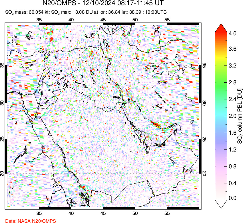 A sulfur dioxide image over Middle East on Dec 10, 2024.