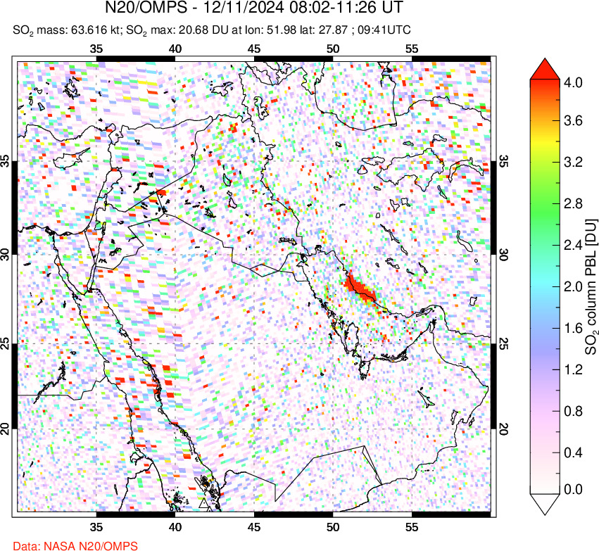 A sulfur dioxide image over Middle East on Dec 11, 2024.