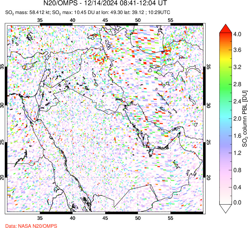 A sulfur dioxide image over Middle East on Dec 14, 2024.