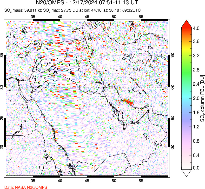 A sulfur dioxide image over Middle East on Dec 17, 2024.