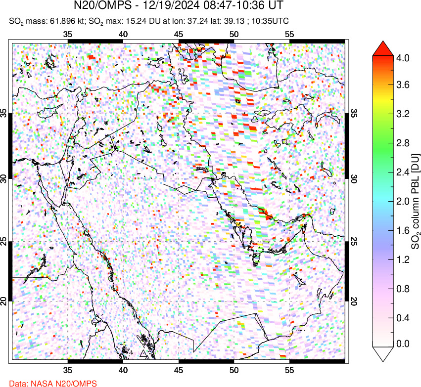 A sulfur dioxide image over Middle East on Dec 19, 2024.