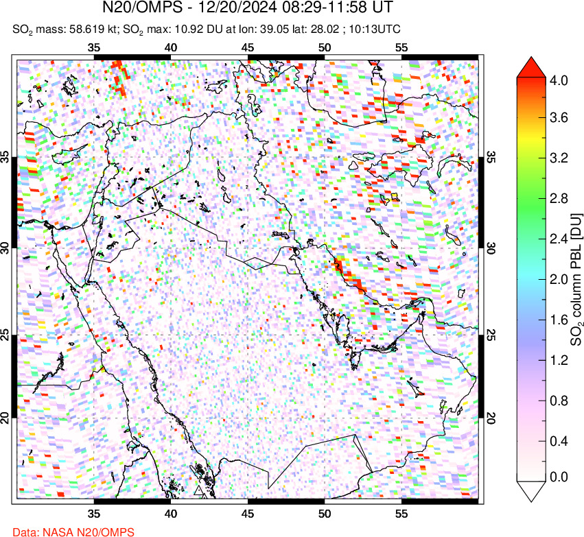 A sulfur dioxide image over Middle East on Dec 20, 2024.